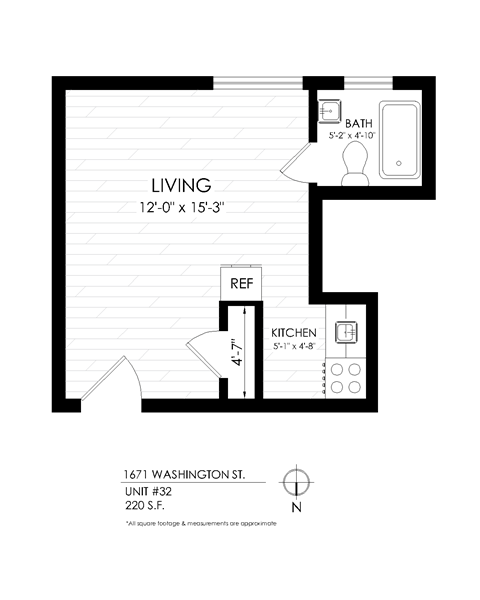 Floor plan for studio, 1 bath, 225 sqft